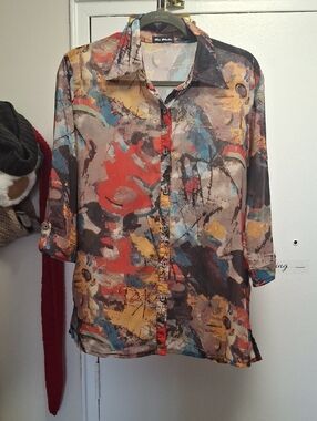 La Moda Abstract Art Print Sheer Blouse | Colorful Button Up Top